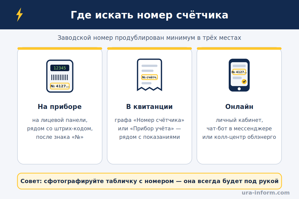 Где искать номер счётчика электроэнергии Инфографика: где искать номер счётчика электроэнергии — на приборе, в квитанции и онлайн